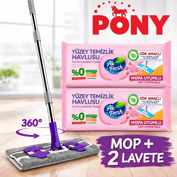 Pachet promo Mop plat coada telescopica + 2 Pachete Lavete umede pardoseli Pink Rose si bicarbonat AK Fresh 48buc